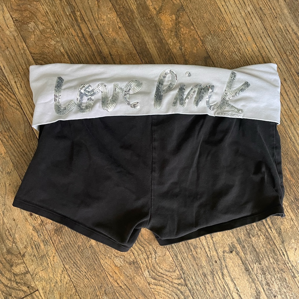 Sodo Black Bike Shorts With White Fold-Over Waist And Silver Sequin Script